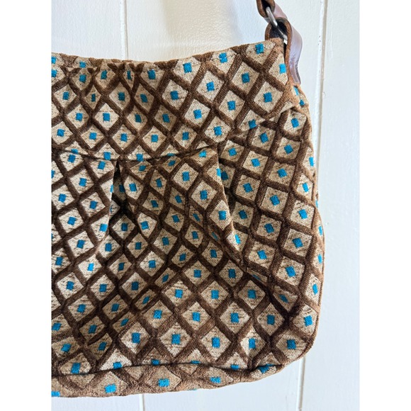 Midi‎ Queen Shoulder Bag Women's Brown Blue Diamond Pattern Magnetic Closure - Picture 2 of 12